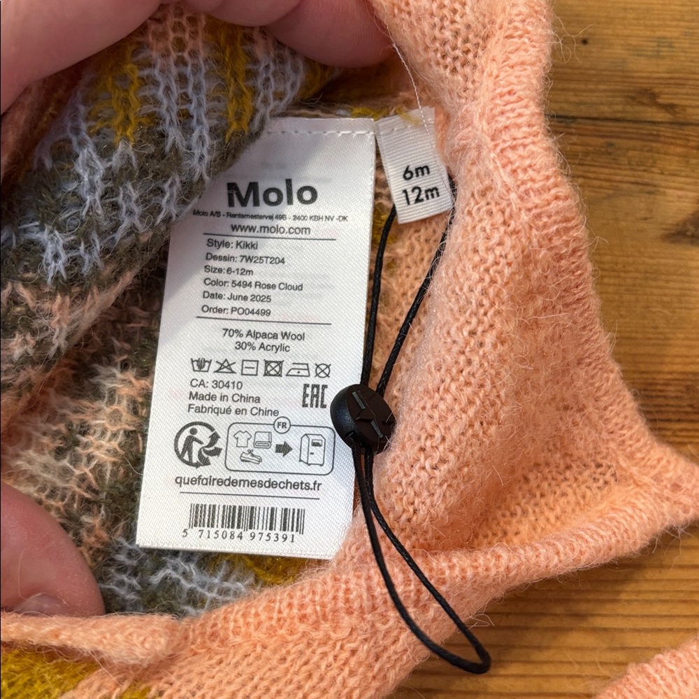 New! MOLO 6-12M Pink Alpaca Wool Bay Fair Isle Nordic Bunny Chin Tie Hat Cap - Picture 3 of 5